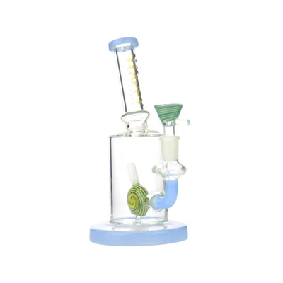 Glass water pipe with blue accents, featuring a 14mm male bowl for Candy Shower Water