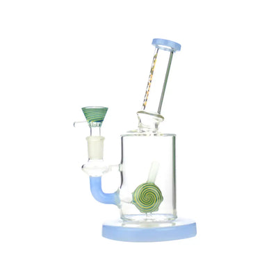 Glass water pipe with blue accents featuring 14mm male bowl, Candy Shower Water design