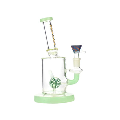 Glass water pipe with green accents featuring 14mm male bowl in Candy Shower Water design