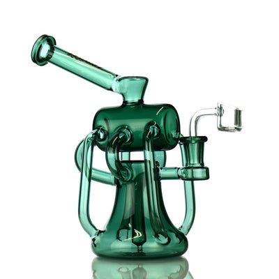 Ornate color tube glass recycler water rig with 14mm male banger and multiple chambers