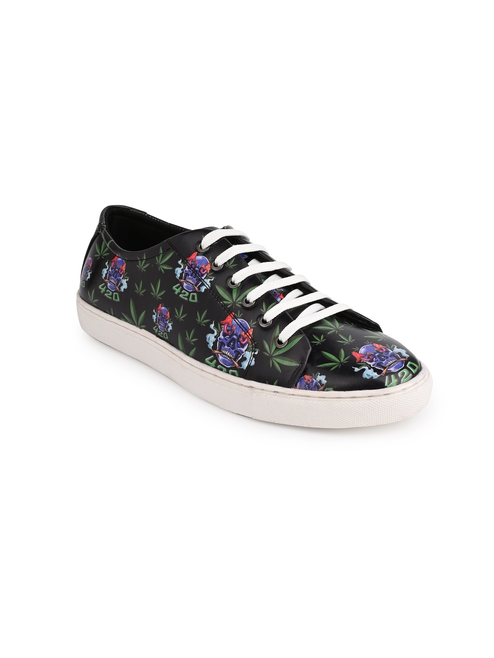 Deep Black Skull Pattern Vegan Leather Shoes