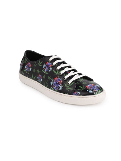 Deep Black Skull Pattern Vegan Leather Shoes