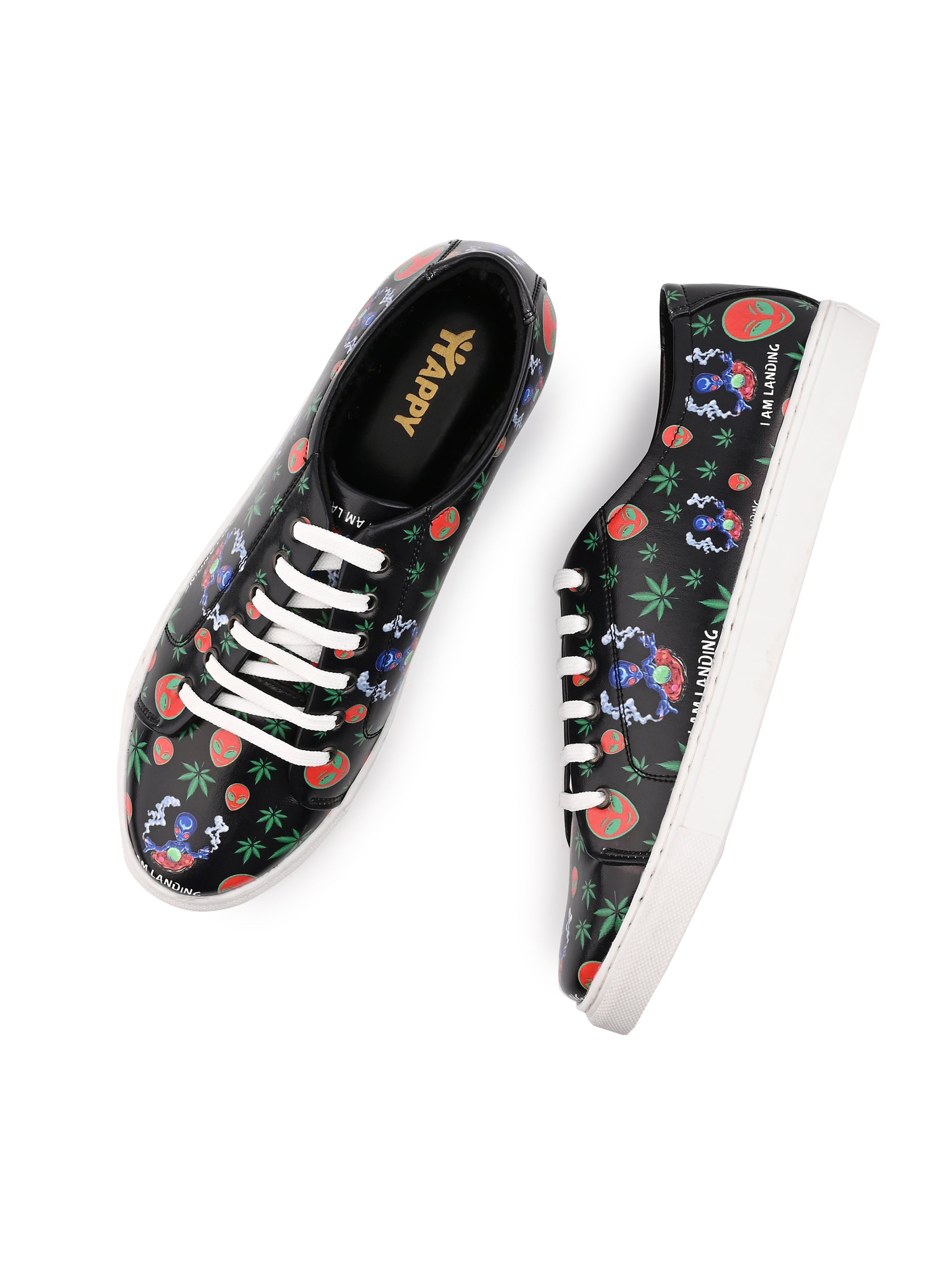 Deep Black Vegan Leather Shoes with Botanical Design