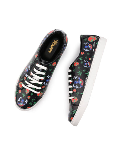 Deep Black Vegan Leather Shoes with Botanical Design