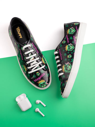 Deep Black Vegan Leather Shoes - Botanical Print