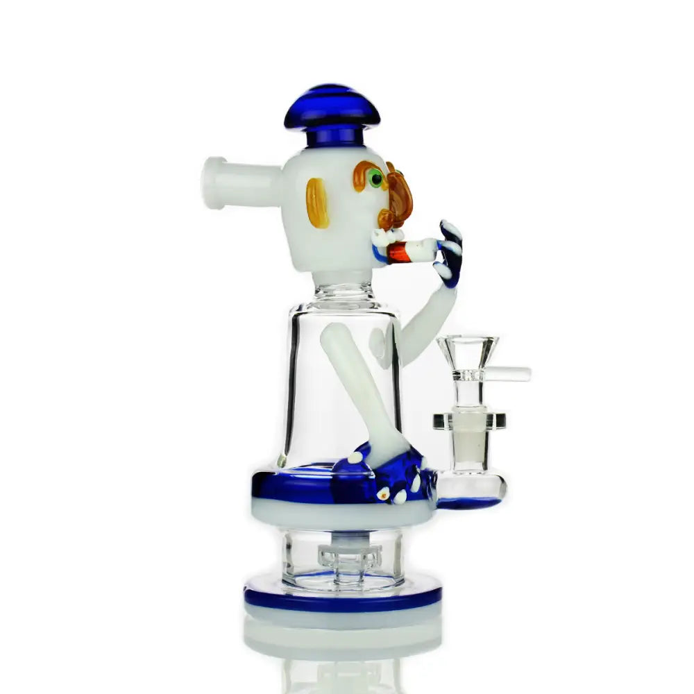 Glass water pipe with blue and white accents and cartoon character, 14mm male bowl design