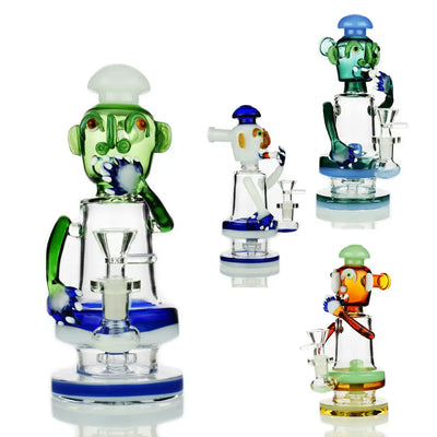 Colorful glass water pipes with cartoon designs featuring a 14mm male bowl
