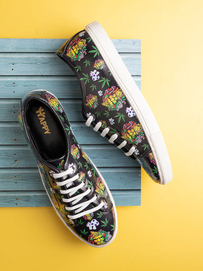 Majestic Lion Motif Deep Black Vegan Leather Shoes