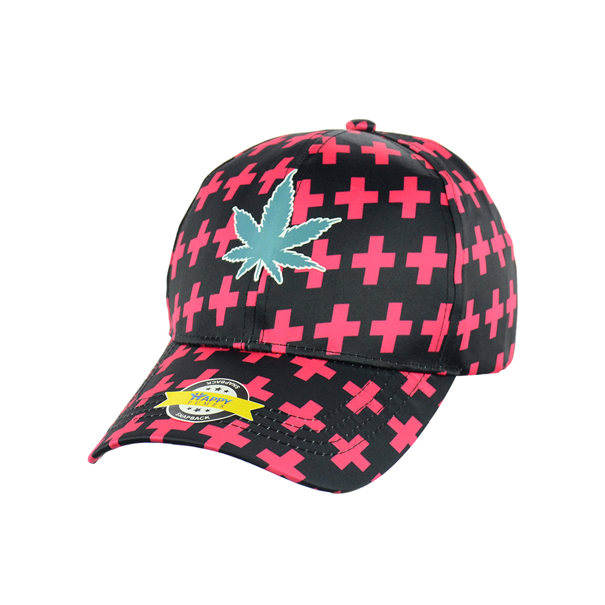 Black Baseball Cap with Pink Botanical Leaf Motif