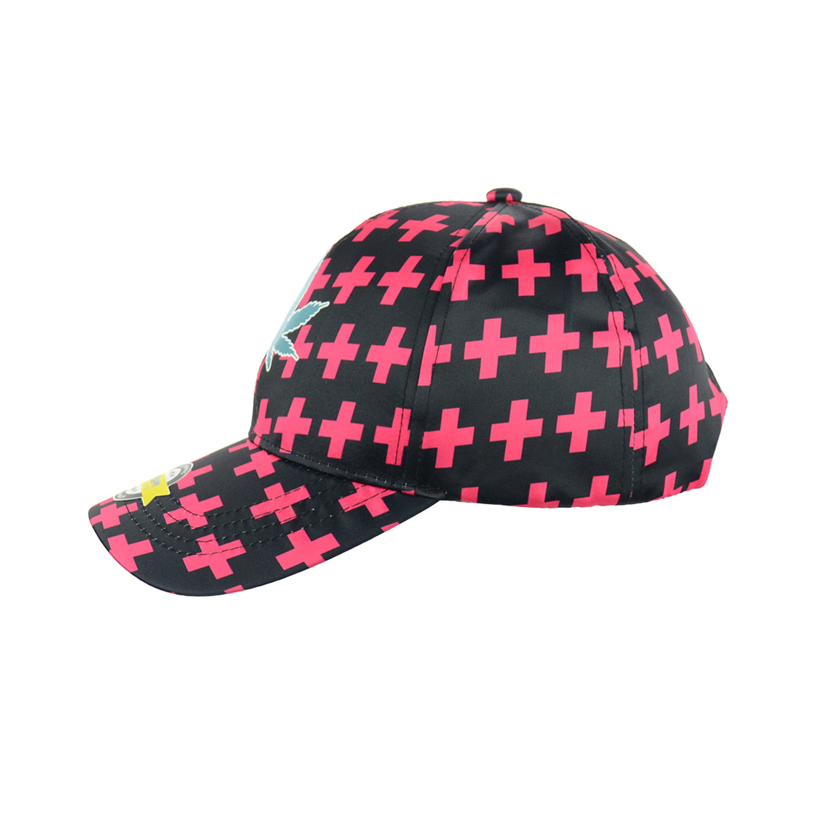 Black Baseball Cap with Pink Botanical Leaf Motif
