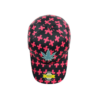 Black Baseball Cap with Pink Botanical Leaf Motif