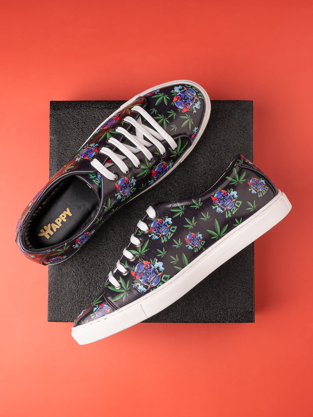 Deep Black Skull Pattern Vegan Leather Shoes