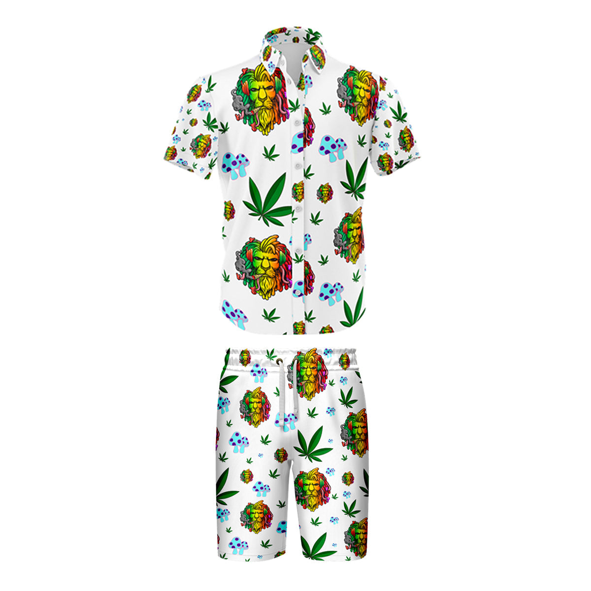 Lion Leaf Print White Shirt & Shorts Ensemble