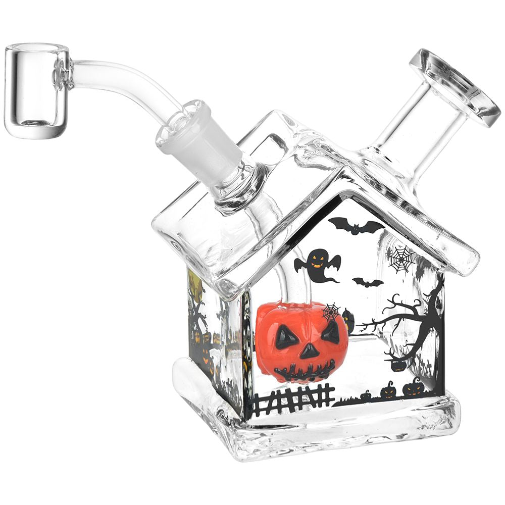 Spooky Haunted House Glass Dab Rig with Jack-O-Lantern Perc