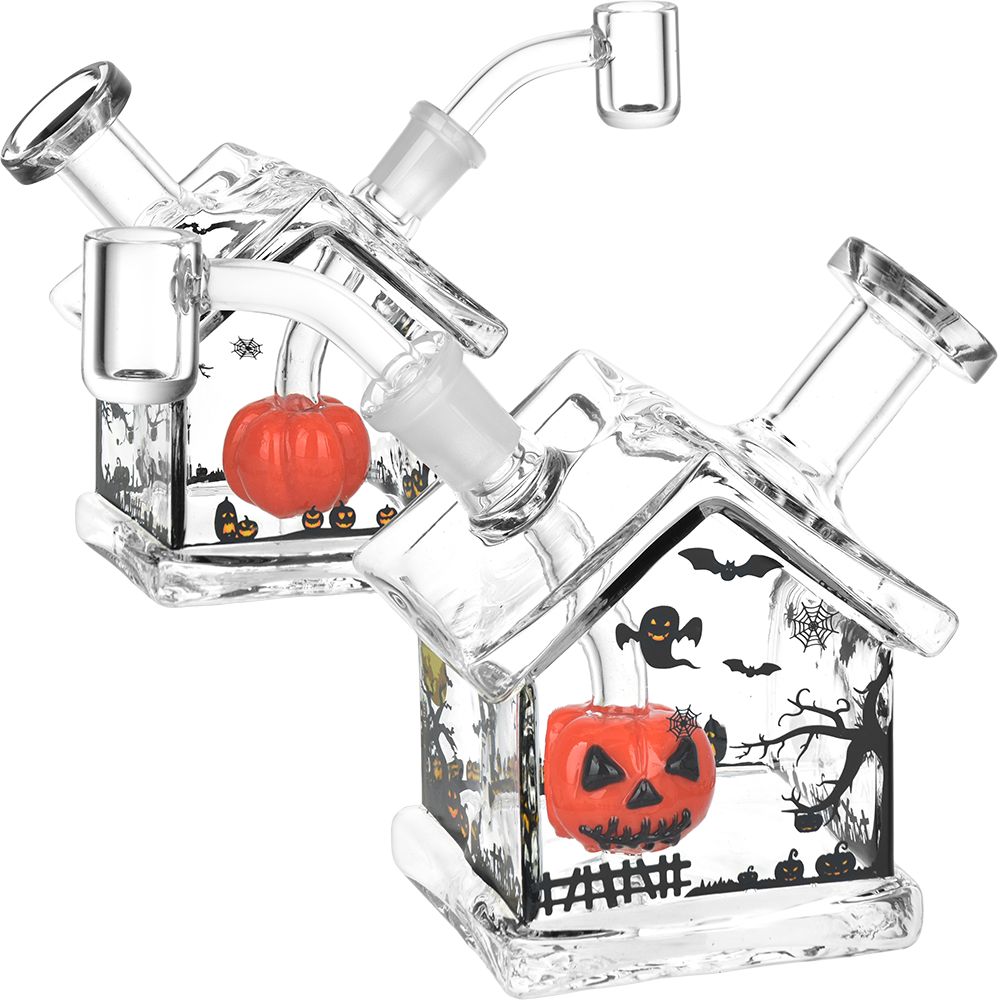 Spooky Haunted House Glass Dab Rig with Jack-O-Lantern Perc
