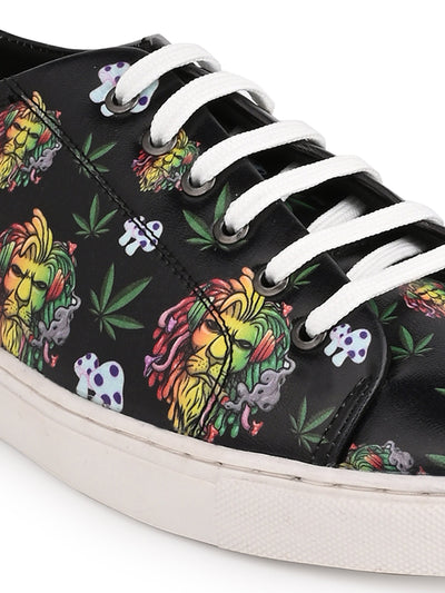 Majestic Lion Motif Deep Black Vegan Leather Shoes