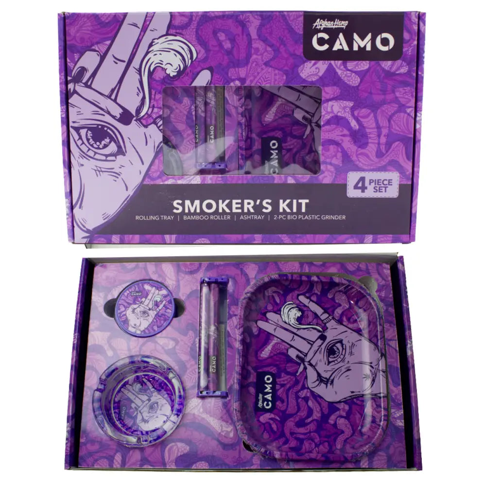 Afghan hemp camo smokers kit with purple camo tray, roller, ashtray, grinders