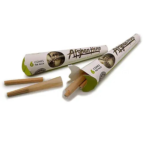 Afghan hemp cone display in two sizes with 6 cones in white green pack