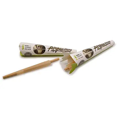 Afghan hemp cone display in two sizes with king size cones and rolling pin