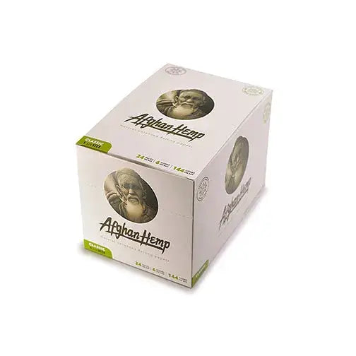 Afghan hemp cone display in two sizes: white box with green accents
