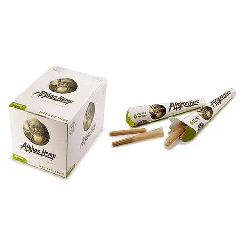 Afghan hemp cone display in two sizes with white green box and sticks