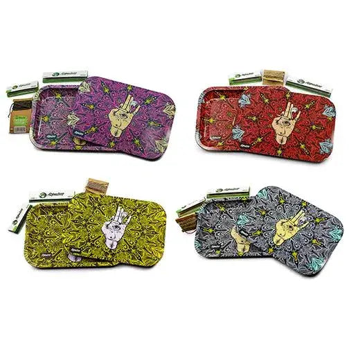 Four vibrant Afghan Hemp metal trays with hand gesture motifs