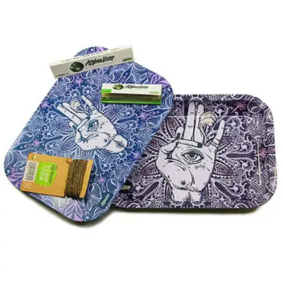 Afghan hemp metal tray with purple blue hand pattern