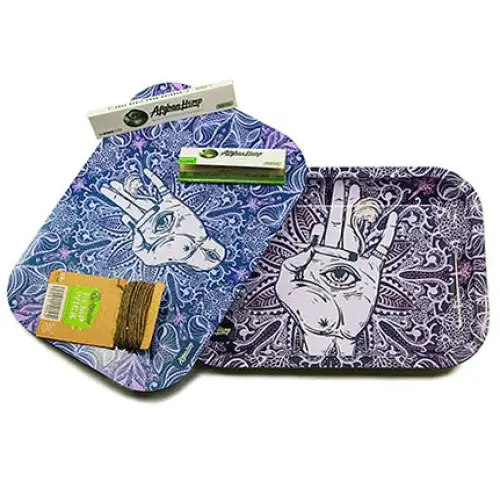 Afghan hemp metal tray with purple blue hand pattern