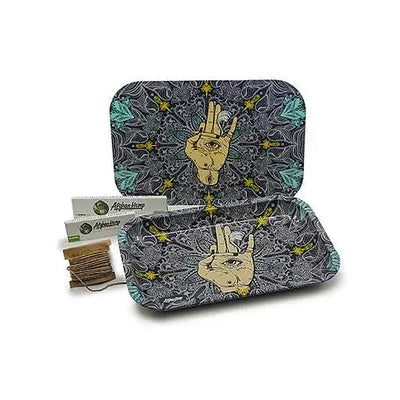 Afghan hemp metal tray with black teal gold mandala and hand design