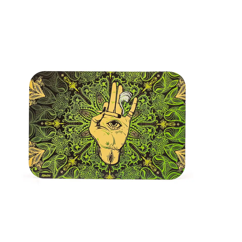 Afghan hemp metal tray with green yellow psychedelic eye hand cannabis leaf design