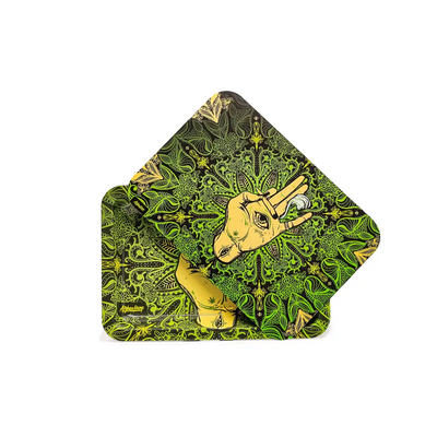 Afghan hemp metal tray with green black mandala and yellow hand