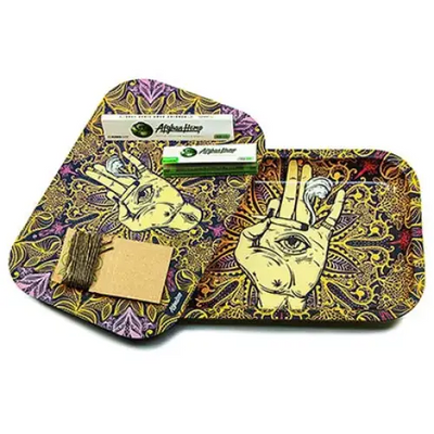 Afghan hemp metal tray with ornate mandala hands design