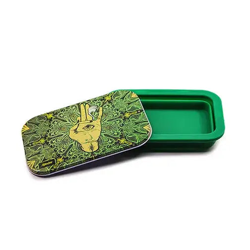 Afghan Hemp perfect duo silicone tray with green tin psychedelic peace sign design