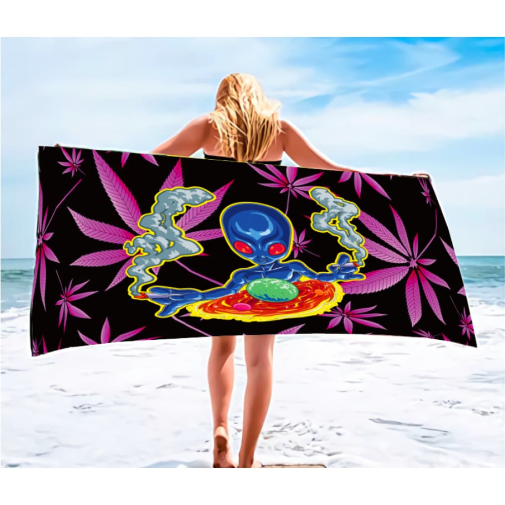 Alien Smoking Beach Towel With Psychedelic Alien And Cannabis Leaves - Extra-terrestrial Touch