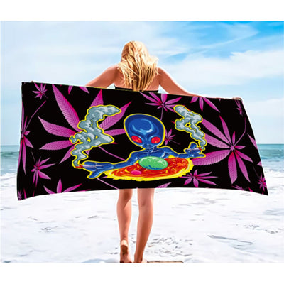 Alien Smoking Beach Towel With Psychedelic Alien And Cannabis Leaves - Extra-terrestrial Touch