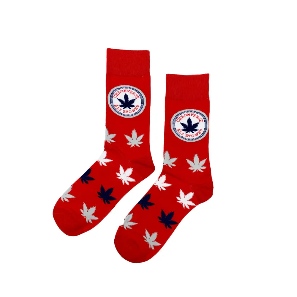 Red Atoned Socks featuring white and navy maple leaf patterns for perfect fit