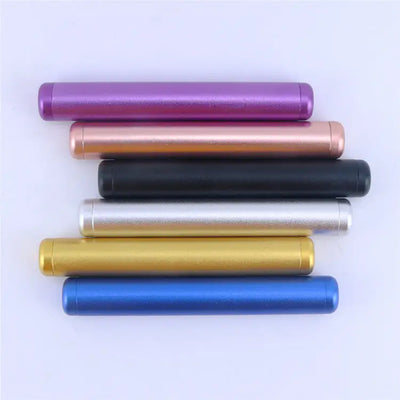 Six vibrant aluminum pre roll tubes in purple, rose gold, black, silver, gold, blue
