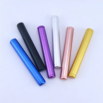 Six vibrant aluminum pre roll tubes in blue, black, purple, silver, rose gold, yellow
