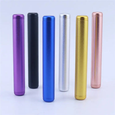 Six vibrant aluminum pre roll tubes in purple, black, blue, silver, gold, rose gold