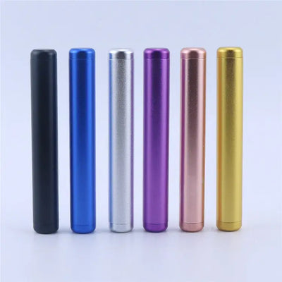 Six aluminum pre roll tubes in black, blue, silver, purple, rose gold, yellow