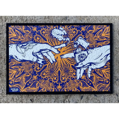 Amazing puff puff pass orange version UV mat with blue orange hands, cigarette and lighter