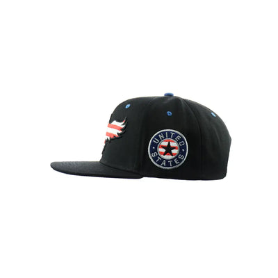 Black American Eagle Hat with embroidered patriotic logo patches on snapback baseball cap