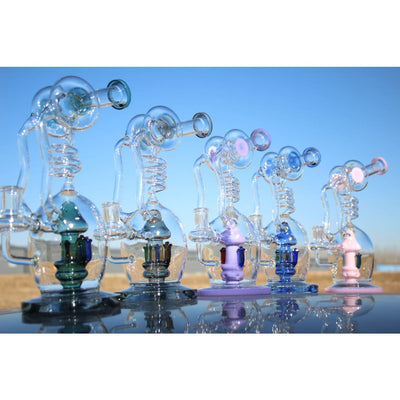 Colorful mushroom recycler water pipes with circ perc and spiral necks in bubble chambers