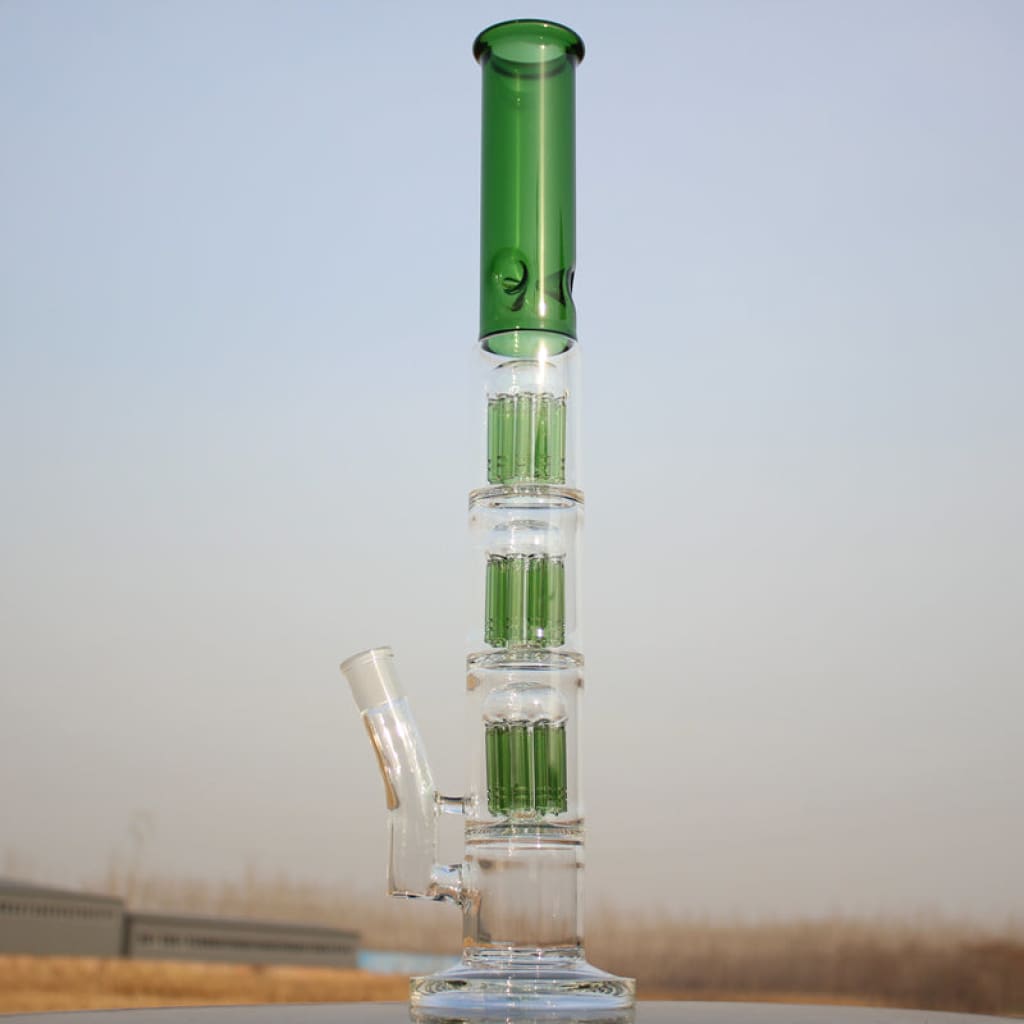 Green-accented glass percolator bong with triple tree percolator in high-quality borosilicate glass