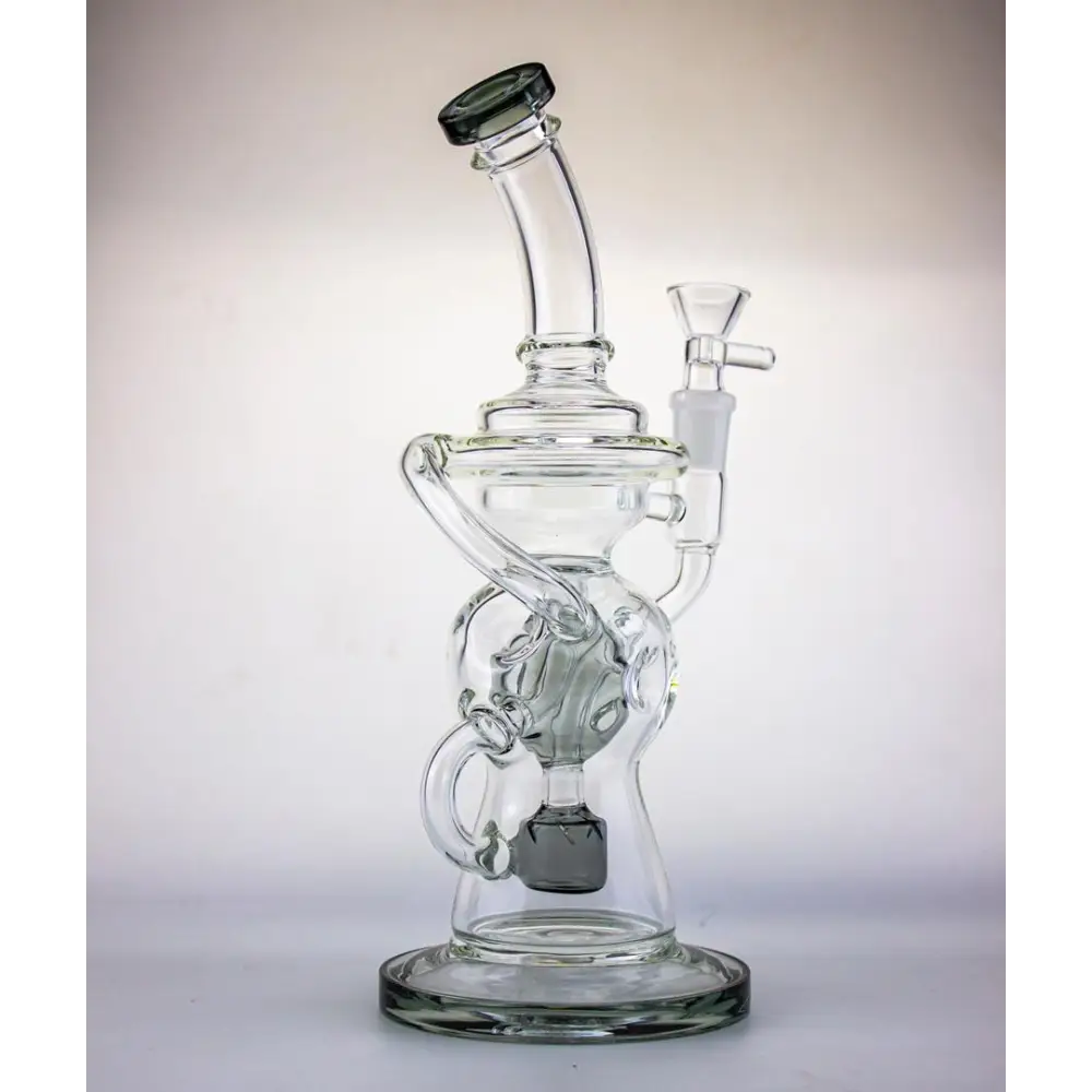 9in recycler style water pipe with clear glass, green mouthpiece, frosted downstem