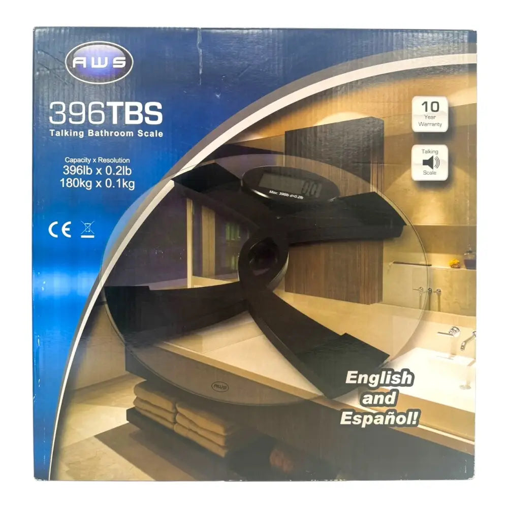 Black Aws talking digital bathroom scale with sleek curved platform