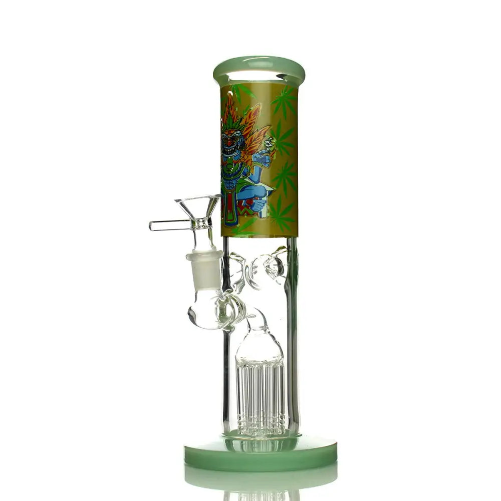 Aztec straight tube water pipe with green-tinted glass and Aztec figure