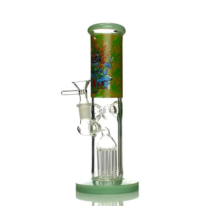 Aztec straight tube water pipe with green-tinted glass and Aztec figure