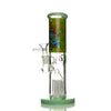 Aztec straight tube water pipe with green-tinted glass and Aztec figure