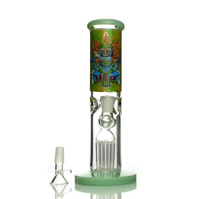 Aztec straight tube water pipe bong with deity design and tree percolator